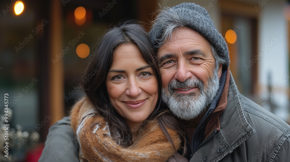 Elderly Couple Smiling Together Outdoors with Warm Mood Against a Cozy Background Elderly Couple Smiling Together Outdoors with Warm Mood Against a Cozy Background