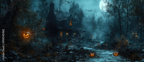 Scary wooden house and pumpkins in dark woods at Halloween night, spooky old haunted mansion in creepy forest. Theme of horror, path, light, fantasy