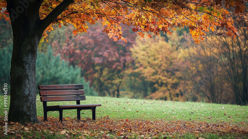 A peaceful park bench under a tree with colorful autumn foliage, Background, Autumn mood