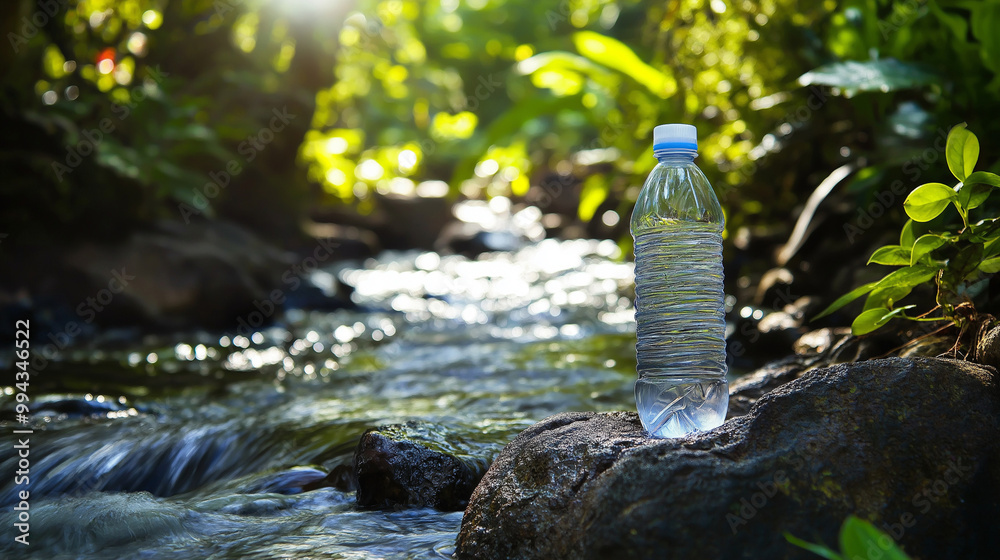 A serene natural setting with a flowing stream surrounded by lush greenery. A plastic bottle, filled with clear water, stands prominently on a rock near the stream's edge. A serene natural setting with a flowing stream surrounded by lush greenery. A plastic bottle, filled with clear water, stands prominently on a rock near the stream's edge.