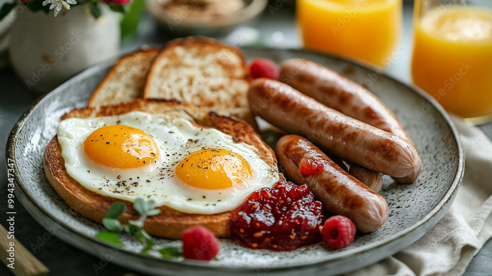 A gourmet breakfast plate with two fried eggs, three sausages, and toast with raspberry jam, alongside rustic hammered bread, set on a dining table with orange juice, a napkin, and a flower. A gourmet breakfast plate with two fried eggs, three sausages, and toast with raspberry jam, alongside rustic hammered bread, set on a dining table with orange juice, a napkin, and a flower.