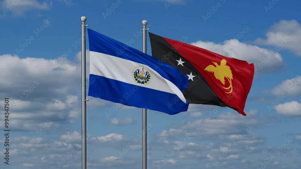 Papua New Guinea and Salvador flags flying together, video concept of the relationship, two country relations concept