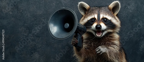 A playful raccoon holds a megaphone, ready to speak, against a dark background, showcasing its charming personality, background with copy space