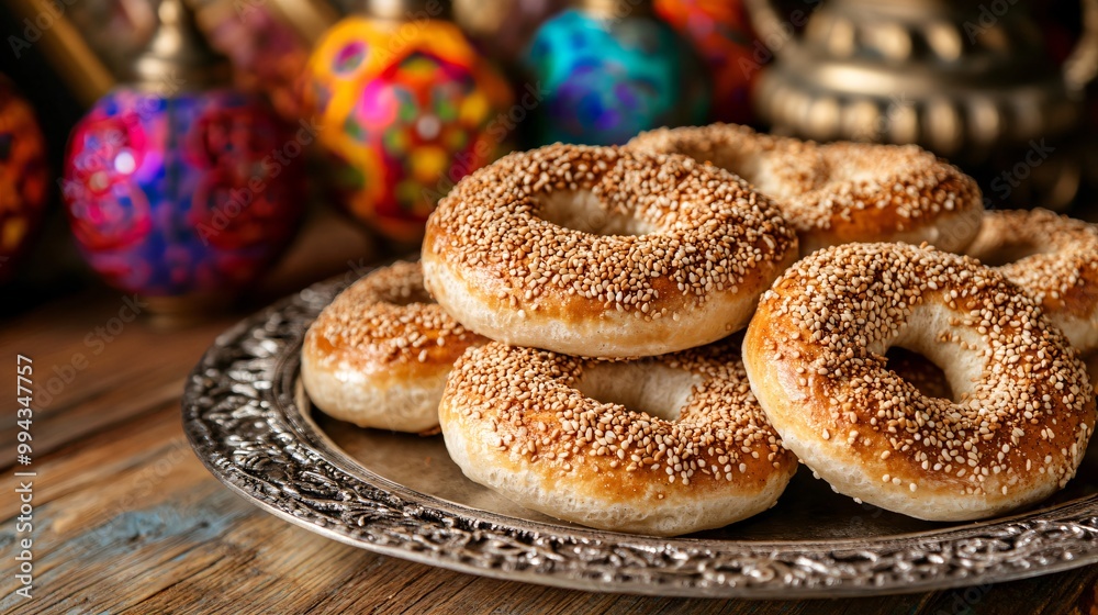 A decorative silver platter filled with sesame-coated Turkish simit, placed on a wooden table with a background of vibrant Turkish lanterns A decorative silver platter filled with sesame-coated Turkish simit, placed on a wooden table with a background of vibrant Turkish lanterns