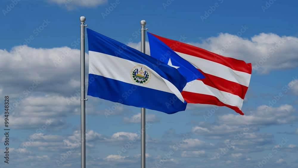 Puerto Rico and Salvador flags flying together, video concept of the relationship, two country cooperation concept Puerto Rico and Salvador flags flying together, video concept of the relationship, two country cooperation concept