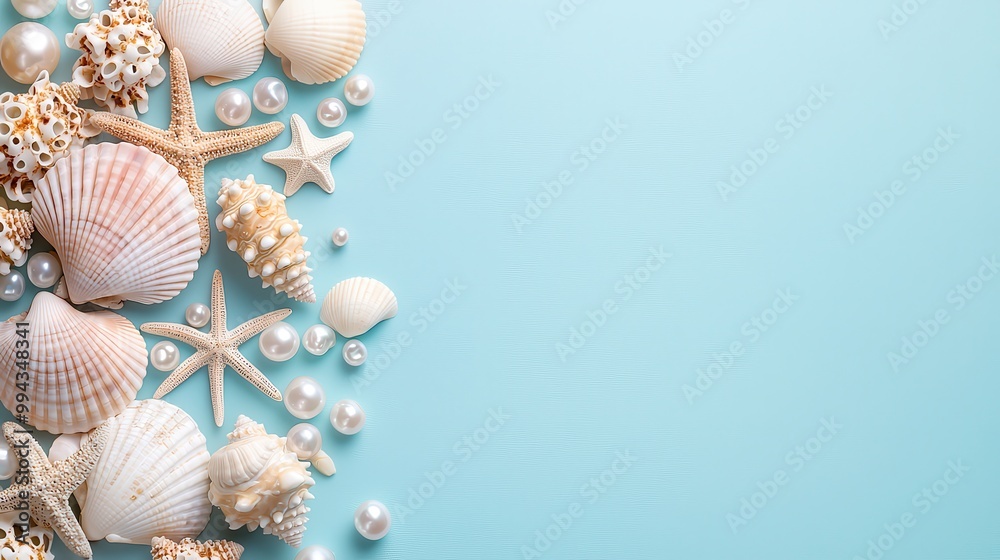 A blue background with a variety of shells and pearls. The shells are arranged in a way that creates a sense of movement and depth. The pearls add a touch of elegance and luxury to the scene A blue background with a variety of shells and pearls. The shells are arranged in a way that creates a sense of movement and depth. The pearls add a touch of elegance and luxury to the scene