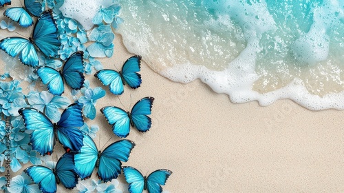 A beach scene with a large number of blue butterflies scattered across the sand. Concept of tranquility and beauty, as the butterflies seem to be dancing in the gentle breeze near the ocean