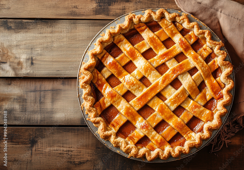 Homemade pumpkin pie with a lattice crust sits on a rustic wooden table offering a warm inviting scene for a traditional Thanksgiving preparation Homemade pumpkin pie with a lattice crust sits on a rustic wooden table offering a warm inviting scene for a traditional Thanksgiving preparation