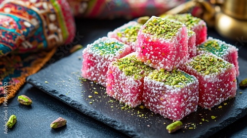 A plate of Turkish rosewater delight, topped with pistachio dust, placed on a dark slate table with a luxurious Turkish textile in the background photo