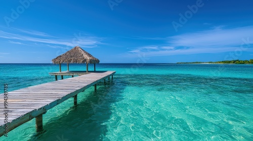 A wooden pier with a small hut on it is in front of a beautiful blue ocean. The scene is peaceful and serene, with the water reflecting the clear blue sky