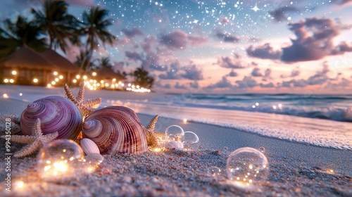 A beach scene with two shells and a few bubbles. The shells are pink and the bubbles are clear. The scene is lit up with lights, creating a warm and inviting atmosphere