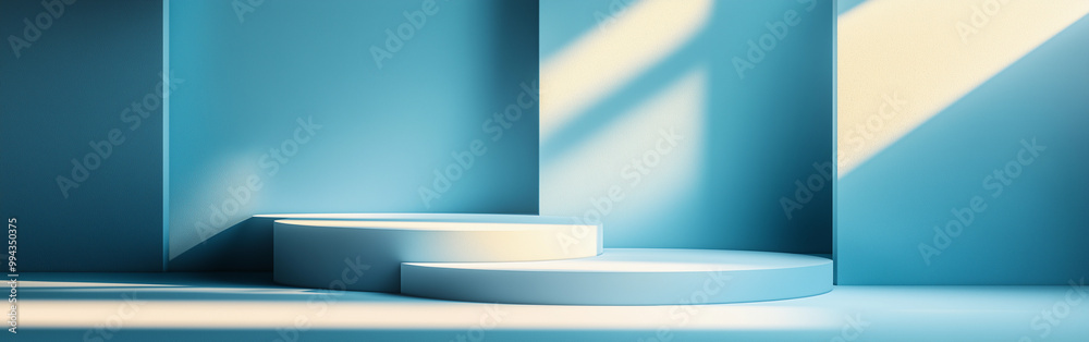 A blue room with a white pedestal in the center A blue room with a white pedestal in the center