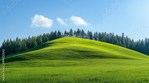 Grassy Hill in a Forested Countryside on a Bright Day