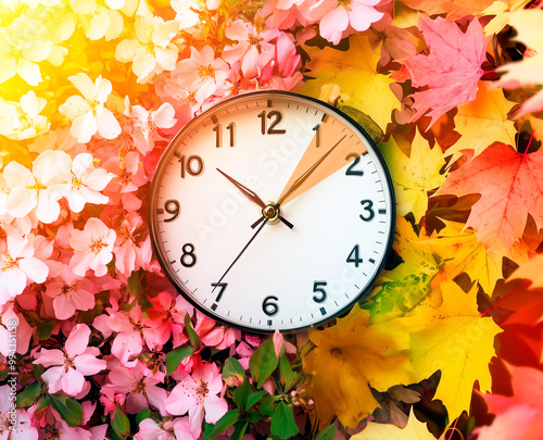 Modern clock, theme of moving hands back an hour, half background summer, half background autumn. Daylight Saving Time Ends, fall back.