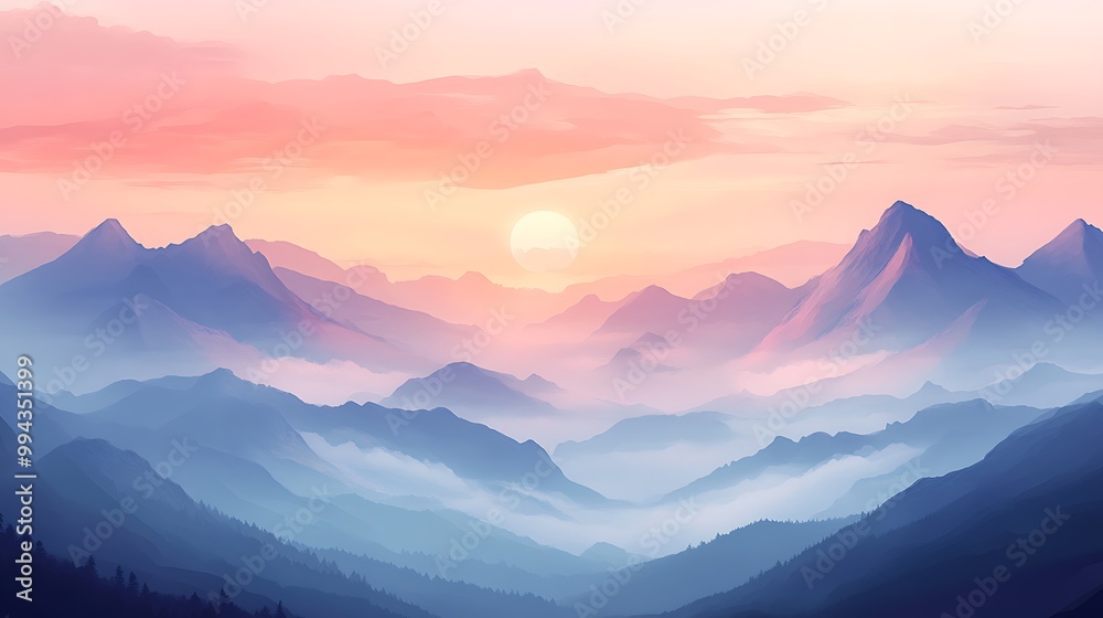 Serene Mountainous Landscape at Sunrise or Sunset Serene Mountainous Landscape at Sunrise or Sunset
