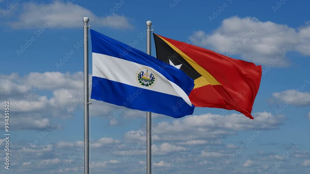 East Timor and Salvador flags flying together, video concept of the relationship, two country cooperation concept East Timor and Salvador flags flying together, video concept of the relationship, two country cooperation concept