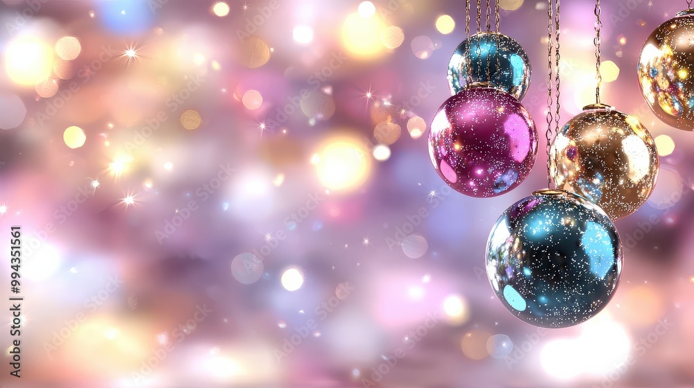 A colorful background with a bunch of Christmas ornaments hanging from a chain. The ornaments are of different sizes and colors, including blue, pink, and gold. The scene conveys a festive A colorful background with a bunch of Christmas ornaments hanging from a chain. The ornaments are of different sizes and colors, including blue, pink, and gold. The scene conveys a festive