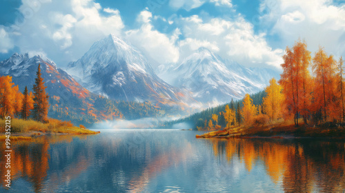 A painting of a mountain range with a lake in the foreground