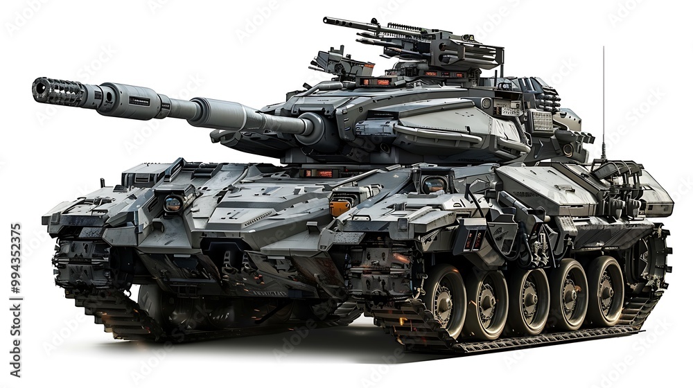 A futuristic tank design with advanced weaponry and armor, isolated on a white background. A futuristic tank design with advanced weaponry and armor, isolated on a white background.