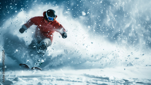 Snowboarder in action, racing down a steep slope, snow flying up around them, creating a dynamic, high-energy winter sports scene. A thrilling display of skill and speed.