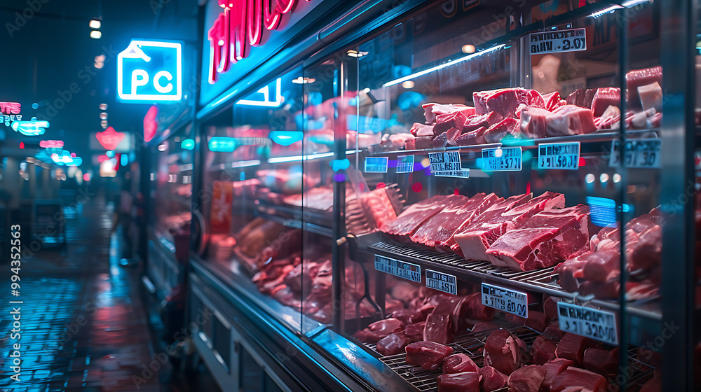 Meat aisle with various cuts displayed in a refrigerated grocery section. close-up of a meat fridge in a grocery store filled with various cuts of fresh meat various cuts of beef, pork and other meats Meat aisle with various cuts displayed in a refrigerated grocery section. close-up of a meat fridge in a grocery store filled with various cuts of fresh meat various cuts of beef, pork and other meats