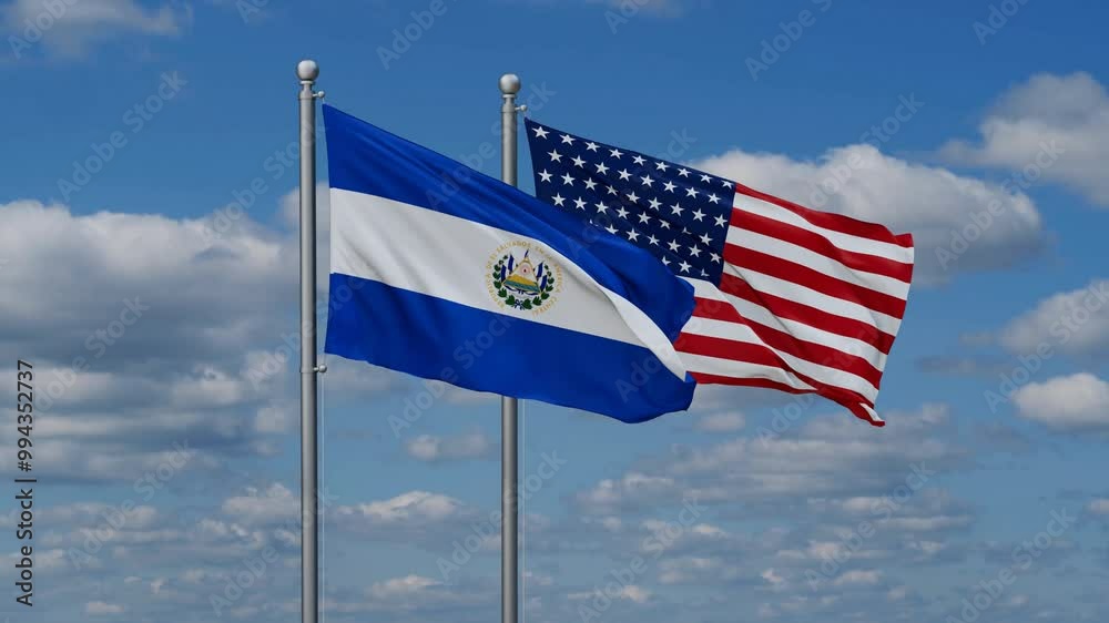 USA and Salvador flags flying together, video concept of the relationship, two country cooperation concept