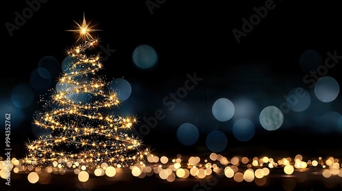 A Christmas tree with a star on top is lit up with lights. The tree is surrounded by a blurry background, giving the image a dreamy and festive atmosphere