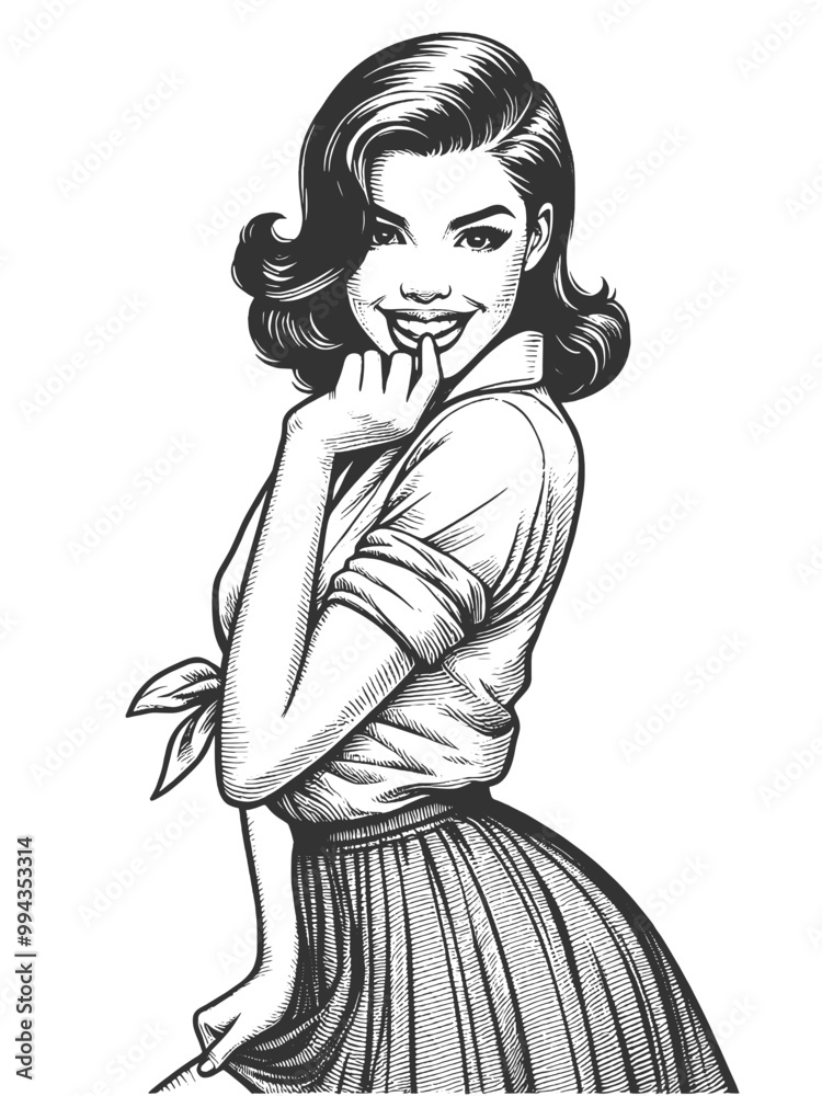Playful smiling beautiful young woman flirty biting her finger sketch engraving generative ai fictional character vector illustration. Scratch board imitation. Black and white image. Playful smiling beautiful young woman flirty biting her finger sketch engraving generative ai fictional character vector illustration. Scratch board imitation. Black and white image.
