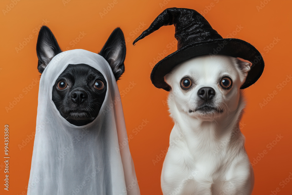 Two dogs dressed up in Halloween costumes in front of an orange ...