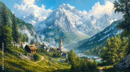 Classic depiction of a serene alpine village nestled in the mountains