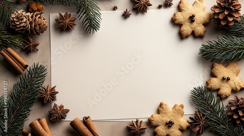 Fototapeta Naklejka Na Ścianę i Meble -  A white piece of paper with a frame of green leaves and spices. The frame is empty, but the spices are scattered around it
