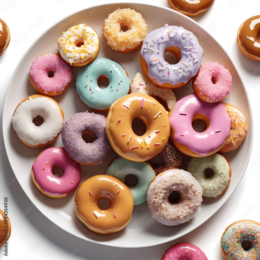 Delicious fresh donuts with topping arrangement in white background, assortment of pastel donuts with colorful sprinkles for sweet treat celebration