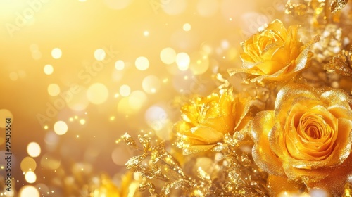 Luxury golden floral background with glittering particles. Magic gold luxurious fairytale theme