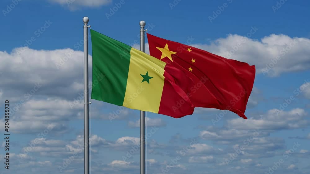 China and Senegal flags flying together, video concept of the relationship, two country relations concept China and Senegal flags flying together, video concept of the relationship, two country relations concept