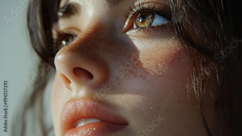 Close-Up Portrait of a Woman with Freckles and Brown Eyes photo