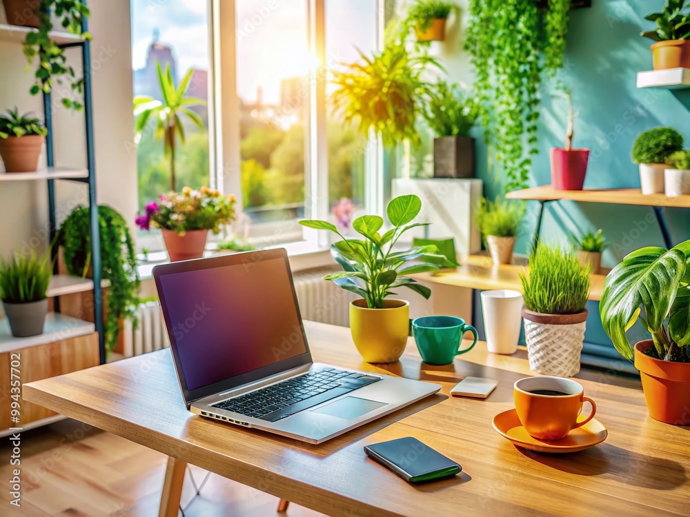 Modern Home Office Setup with Laptop, Coffee Cup, Notepad, and Indoor Plants for Remote Working