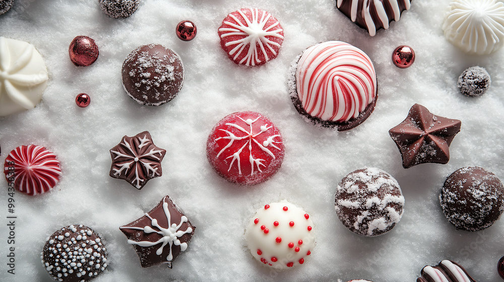 Fototapeta premium A variety of chocolate and white candies are arranged on a snowy surface on a snowy background