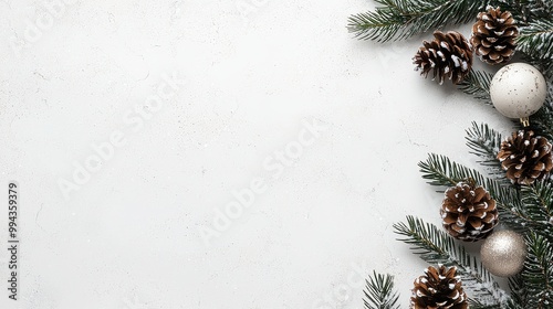 A white background with pine cones and gold balls. The pine cones are arranged in a row and the gold balls are scattered around them. Concept of warmth and coziness, as the pine cones