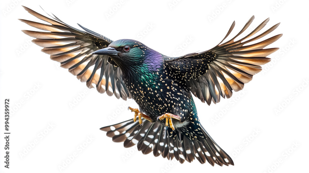 Fototapeta premium A striking starling in flight showcasing vibrant plumage against a white background