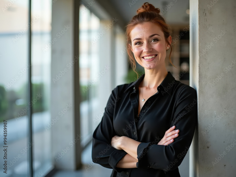 Smiling businesswoman in black blouse standing with arms crossed in a modern office setting