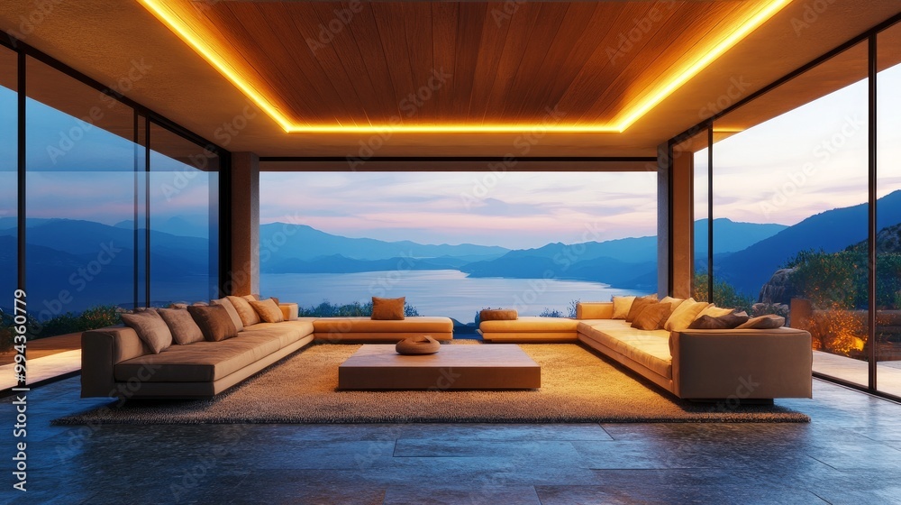 Fototapeta premium Elegant room including a sunset view from the expansive windows, a contemporary, large sofa with armchairs, carpeting, a stone floor, and a wooden ceiling. Create an open living area.