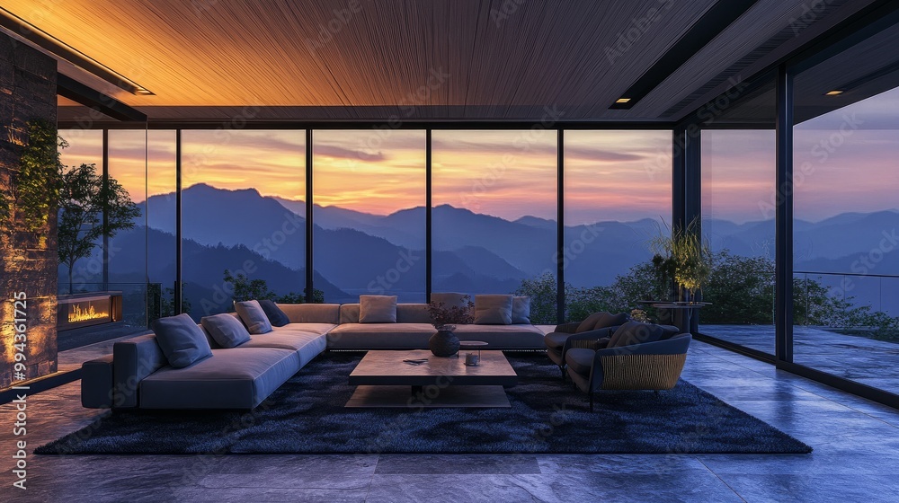 Fototapeta premium Elegant room including a sunset view from the expansive windows, a contemporary, large sofa with armchairs, carpeting, a stone floor, and a wooden ceiling. Create an open living area.