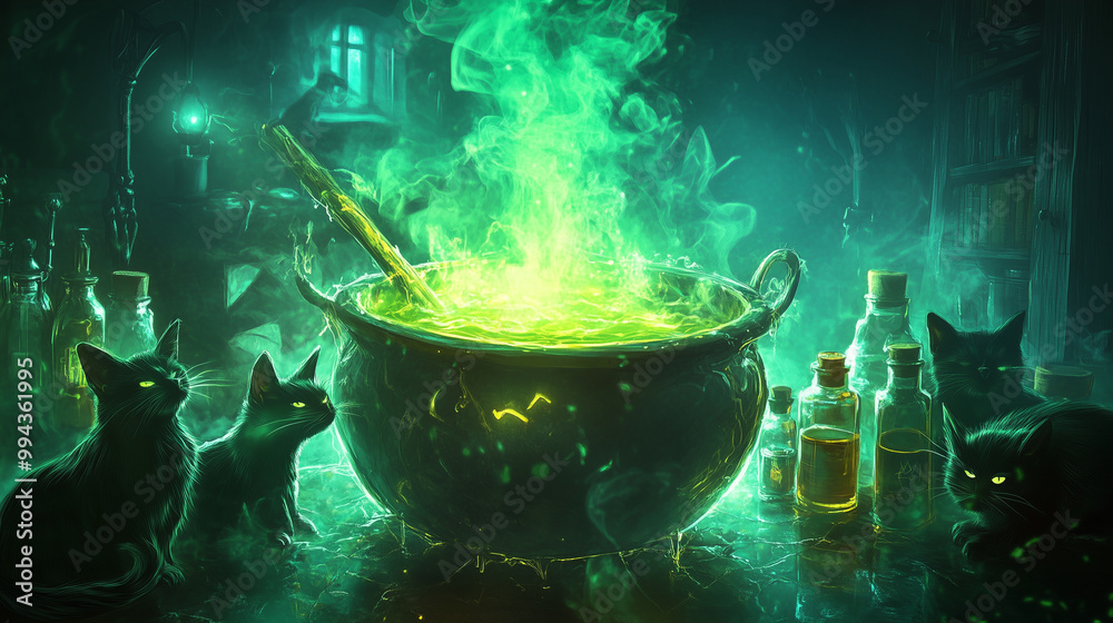 A banner of a witchs cauldron bubbling over, with potion bottles, black cats, and glowing green smoke, Halloween, banner A banner of a witchs cauldron bubbling over, with potion bottles, black cats, and glowing green smoke, Halloween, banner