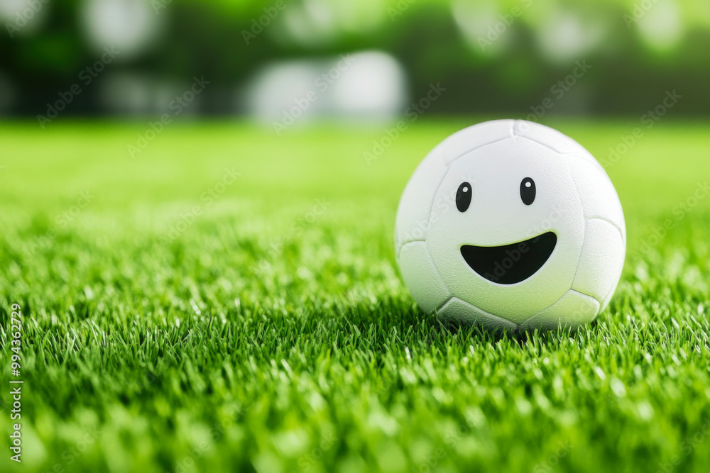 Naklejka premium A cheerful soccer ball resting on fresh green grass in a sunny park, inviting playtime for children and sports enthusiasts alike