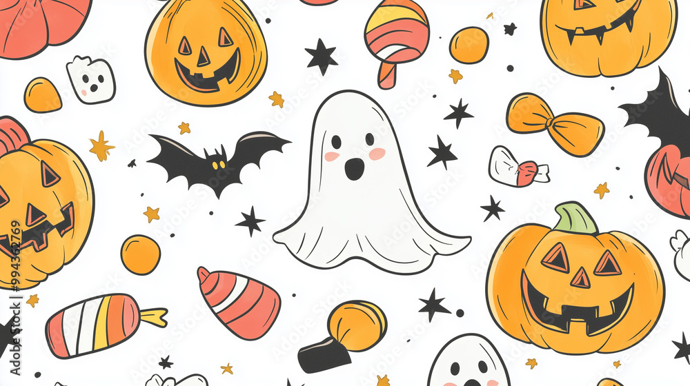 A fun, festive banner with hand-drawn Halloween candies, jack-o'-lanterns, and cute ghosts popping out, Halloween, banner A fun, festive banner with hand-drawn Halloween candies, jack-o'-lanterns, and cute ghosts popping out, Halloween, banner