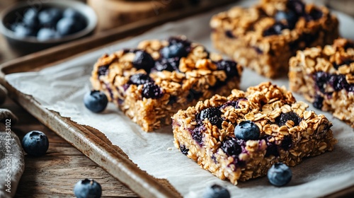 A close up of baked oatmeal bars with blueberries, set on a parchment paper-lined tray with a rustic kitchen background