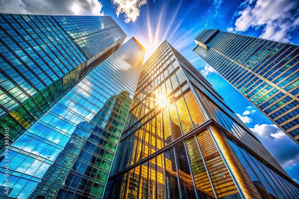 Naklejka premium Modern Skyscraper Against Clear Blue Sky, Reflecting Sunlight and Showcasing Urban Architecture