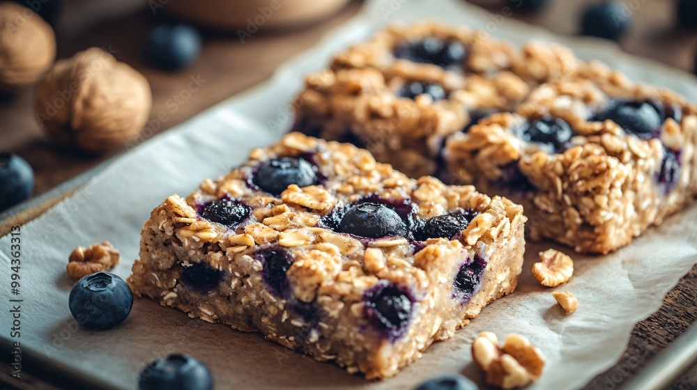 A close up of baked oatmeal bars with blueberries, set on a parchment paper-lined tray with a rustic kitchen background A close up of baked oatmeal bars with blueberries, set on a parchment paper-lined tray with a rustic kitchen background