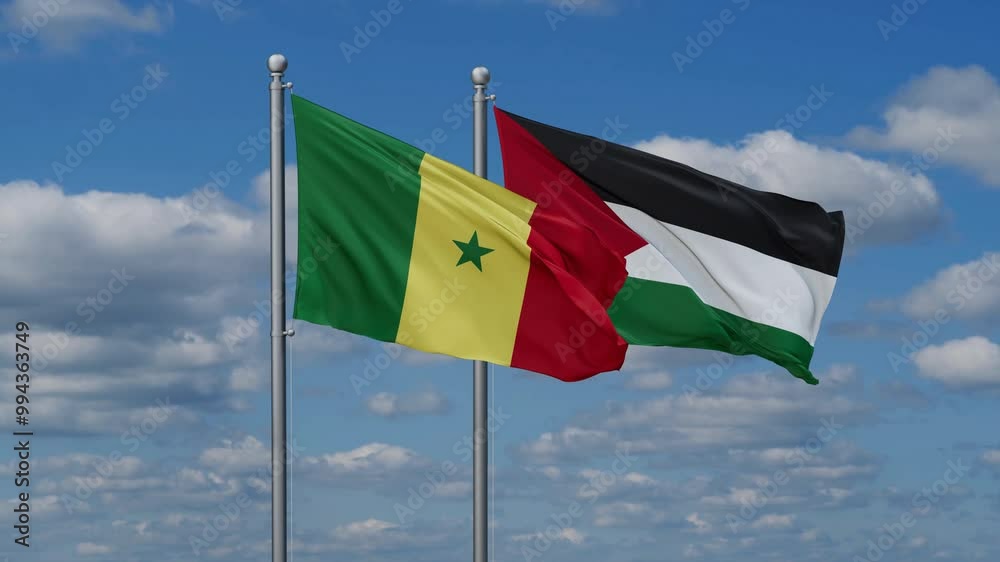 Palestine and Gaza Strip and Senegal two flags waving together on blue , video concept of the relationship Palestine and Gaza Strip and Senegal two flags waving together on blue , video concept of the relationship