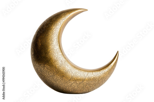 Golden crescent moon sculpture with intricate patterns carved across surface. Features abstract and geometric design elements in luxurious metallic finish. Isolated on transparent background, png. photo
